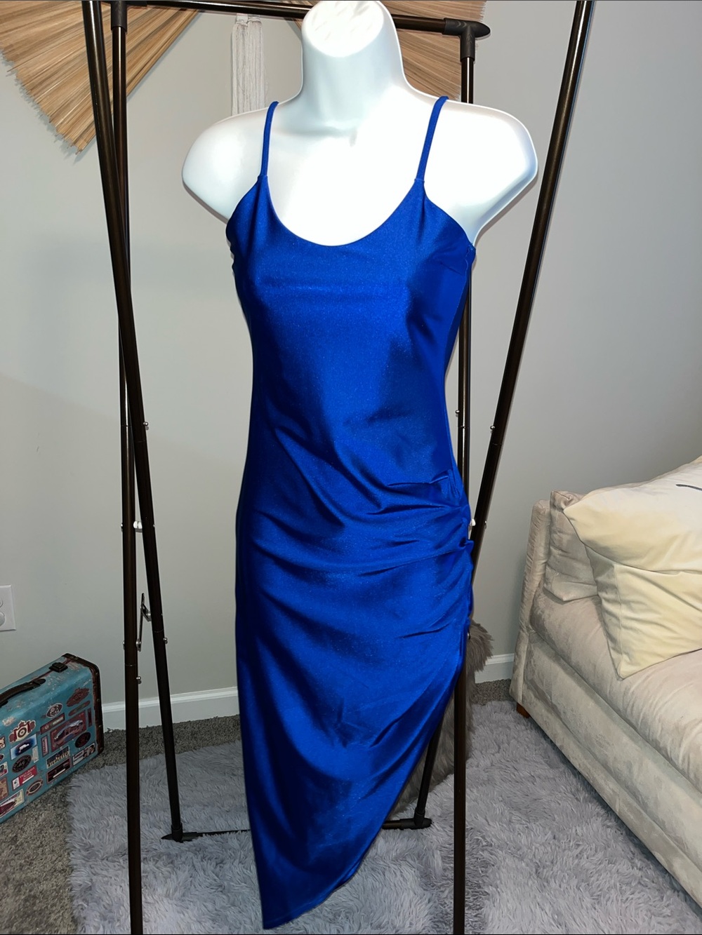 Satin Cobalt Blue Midi Slip Dress with Spaghetti Straps